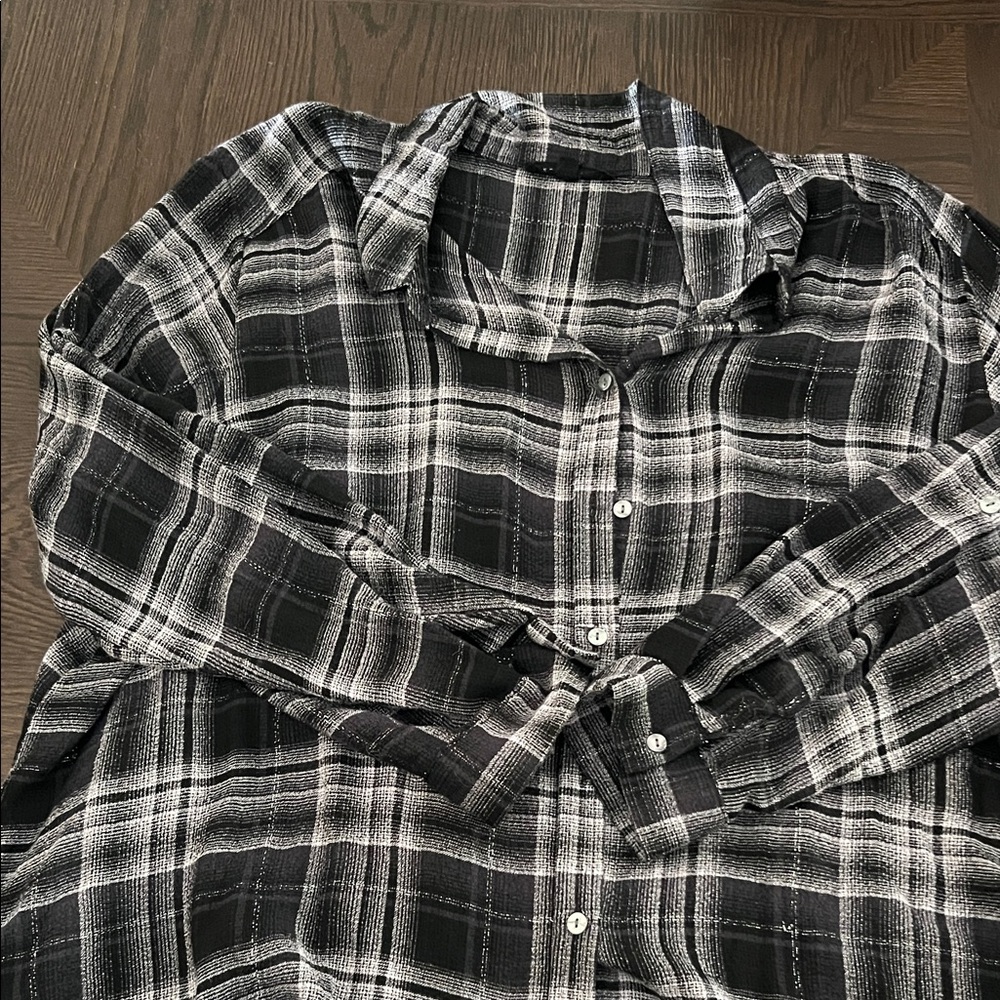 Jane and Delancey Black and White with silver accent Plaid Button Down Shirt